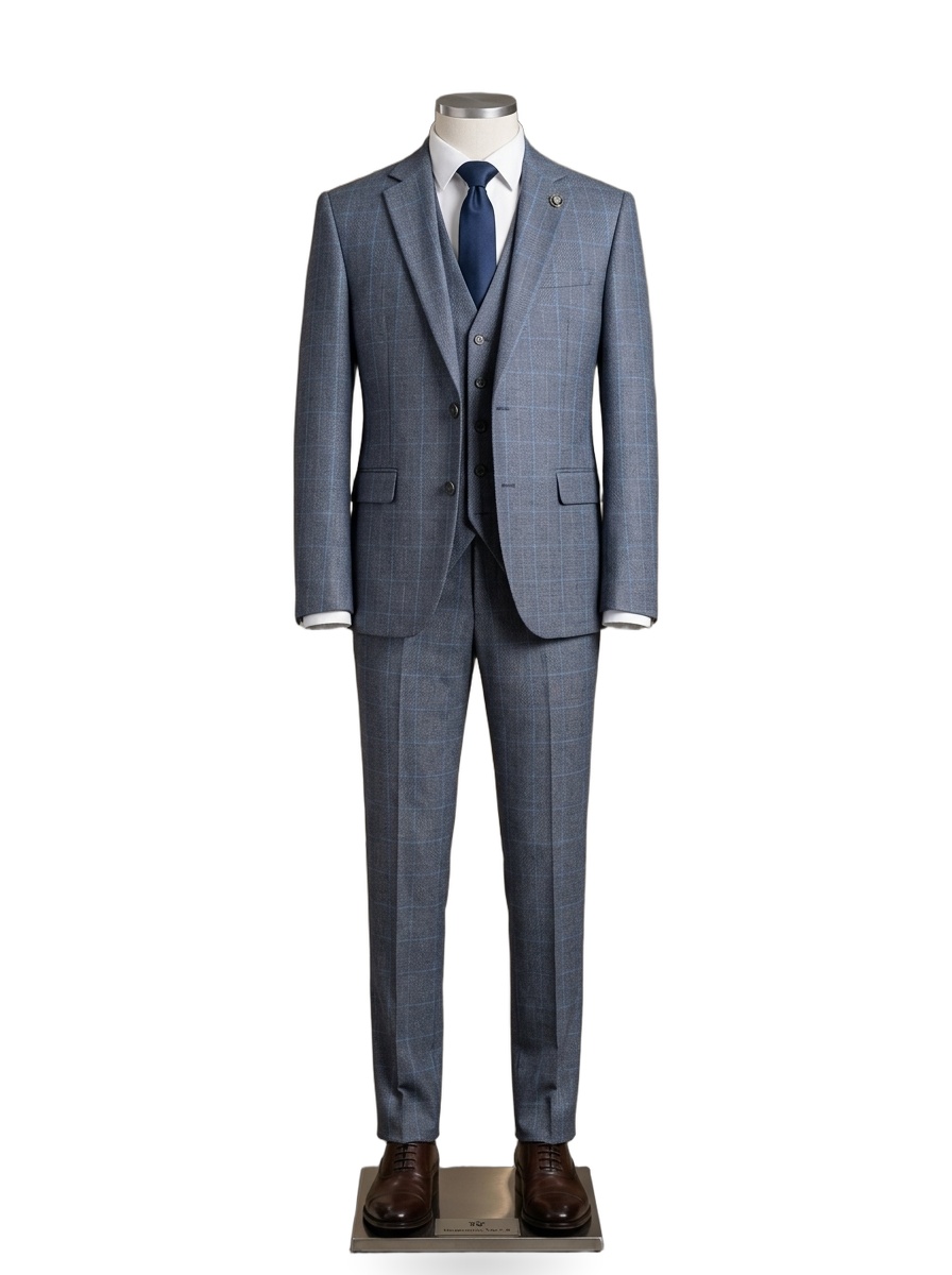 Subtle Windowpane Check Slate Blue Three-Piece Wool Suit
